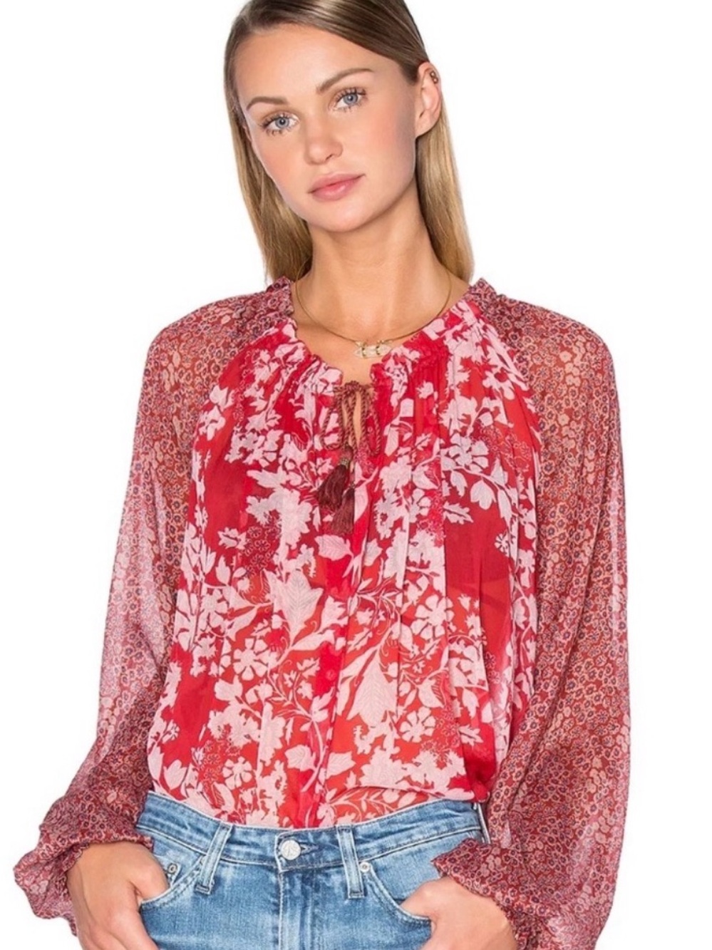 Free People Red Floral Blouson Tie-Neck Blouse Hendrix Top Boho Lightweight Sz L
